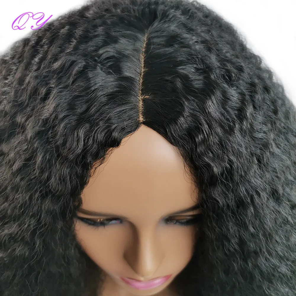 QY-Afro شعر مستعار مجعد أسود غريب مع الجزء الأوسط للنساء السمراوات ، شعر مستعار اصطناعي ، شعر مستعار طبيعي
