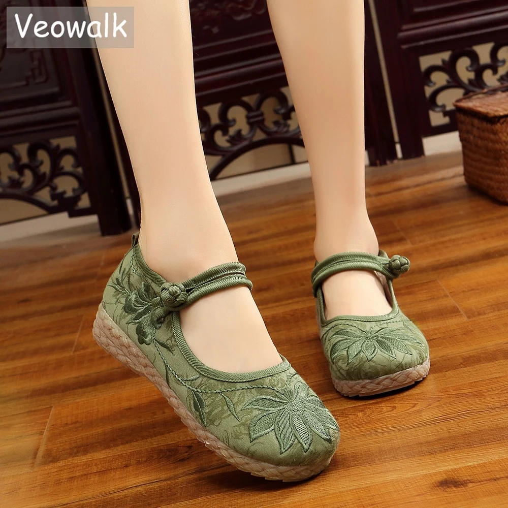 Veowalk Handmade Women Soft Cotton Fabric Embroidered Flat Shoes Comfortable Ladies Walking Sneakers with 2cm Platform