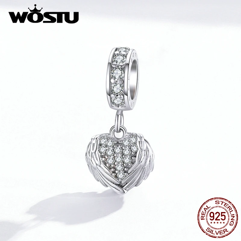 

WOSTU, 100% 925 пробы, серебряные подвески в виде крыла сердца, циркониевые бусины, подходят для оригинального браслета, самодельные подвески, модные свадебные украшения CTC138