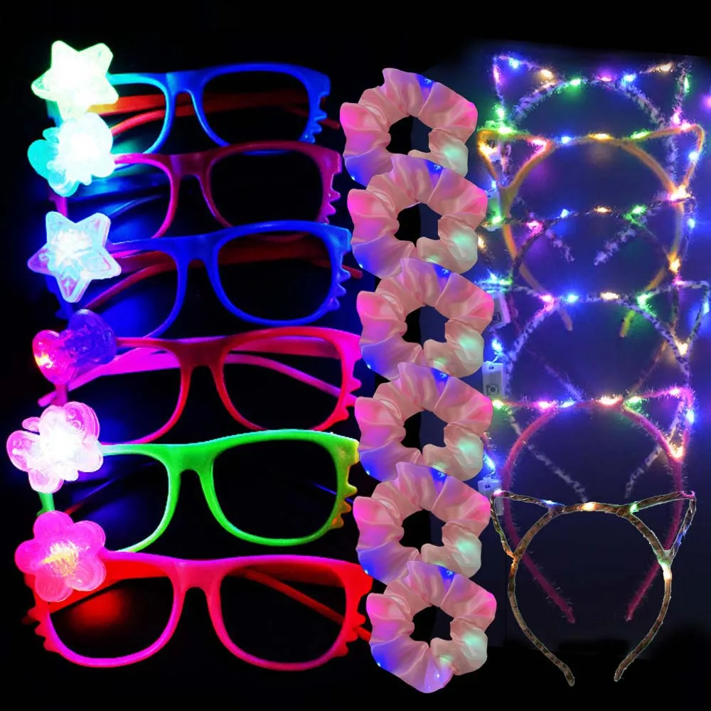 18pcs  Light Up Glasses Cat Ear Headband Glowing Scrunchies Ponytail Holder Rubber Party Birthday  Luminous    Halloween