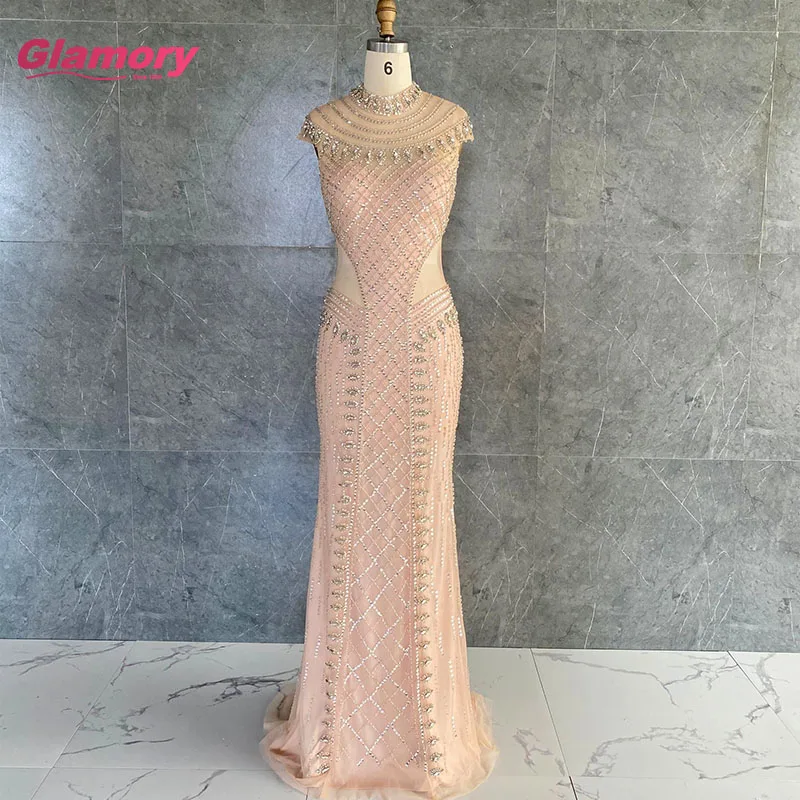 Sexy Meerjungfrau Prom 2020 Licht Gold High Neck Ärmel Schweren Friesen vestido de festa Formale Partei Kleid