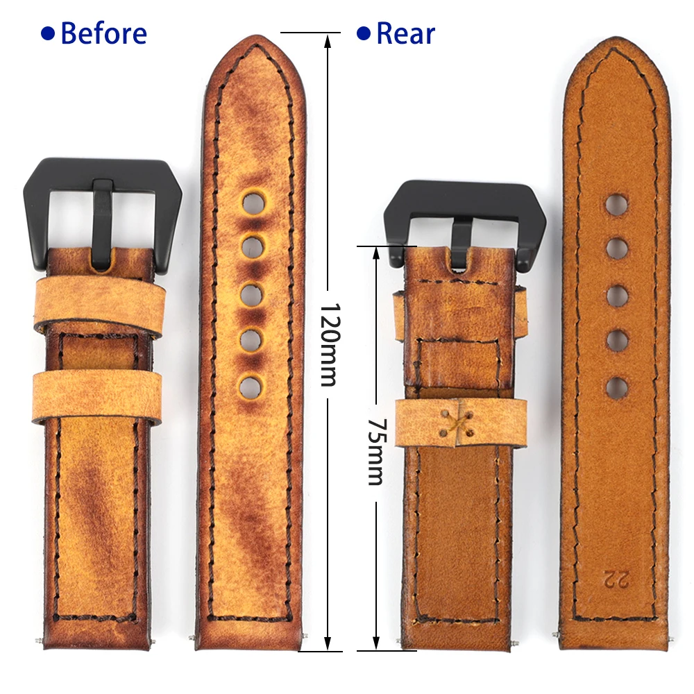 Cowhide Watch Strap Vintage Genuine Leather 20mm 22mm 24mm Black Red Women Men Fashion Watch Band Strap Belt With Black Buckle