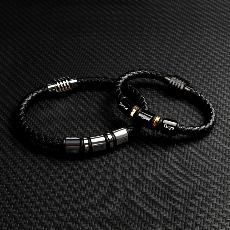 MingAo Customized Engraved Name Single Leather Beads Braclet For Men Women Punk Black Stainless Steel Beaded Bracelets