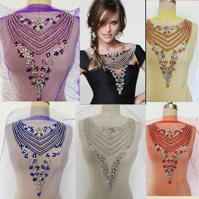 1Piece Clear Purple Red Blue Crystal Beaded Stone Patches Mesh Tulle for Wedding Dresses DIY Decorative Clothes