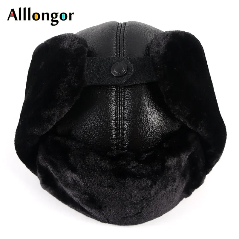 Russian Ski Hat Man Soft Leather Bomber Hats Warm 2024 Winter Hats Black Fur Earflaps Caps With Ear Flaps Ushanka Dad Soviet Hat