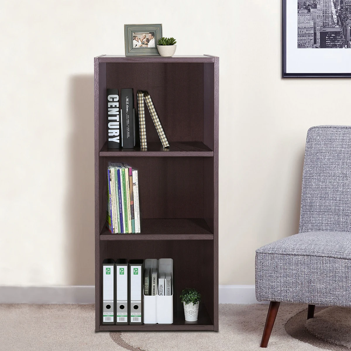 Full Wooden Bookshelf Standard 3 Layers Bookcase Dark Brown[US-W]