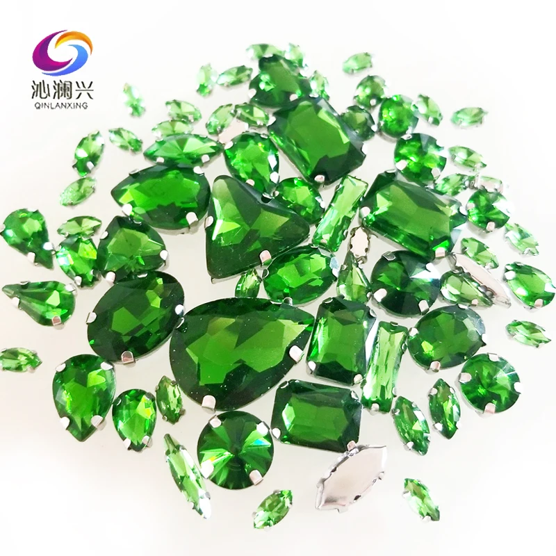 Mix Shape Grass Green Crystal Glass Rhinestones for Needlework, Silver Bottom Sew on Stones, DIY Clothing accessories, 68Pcs