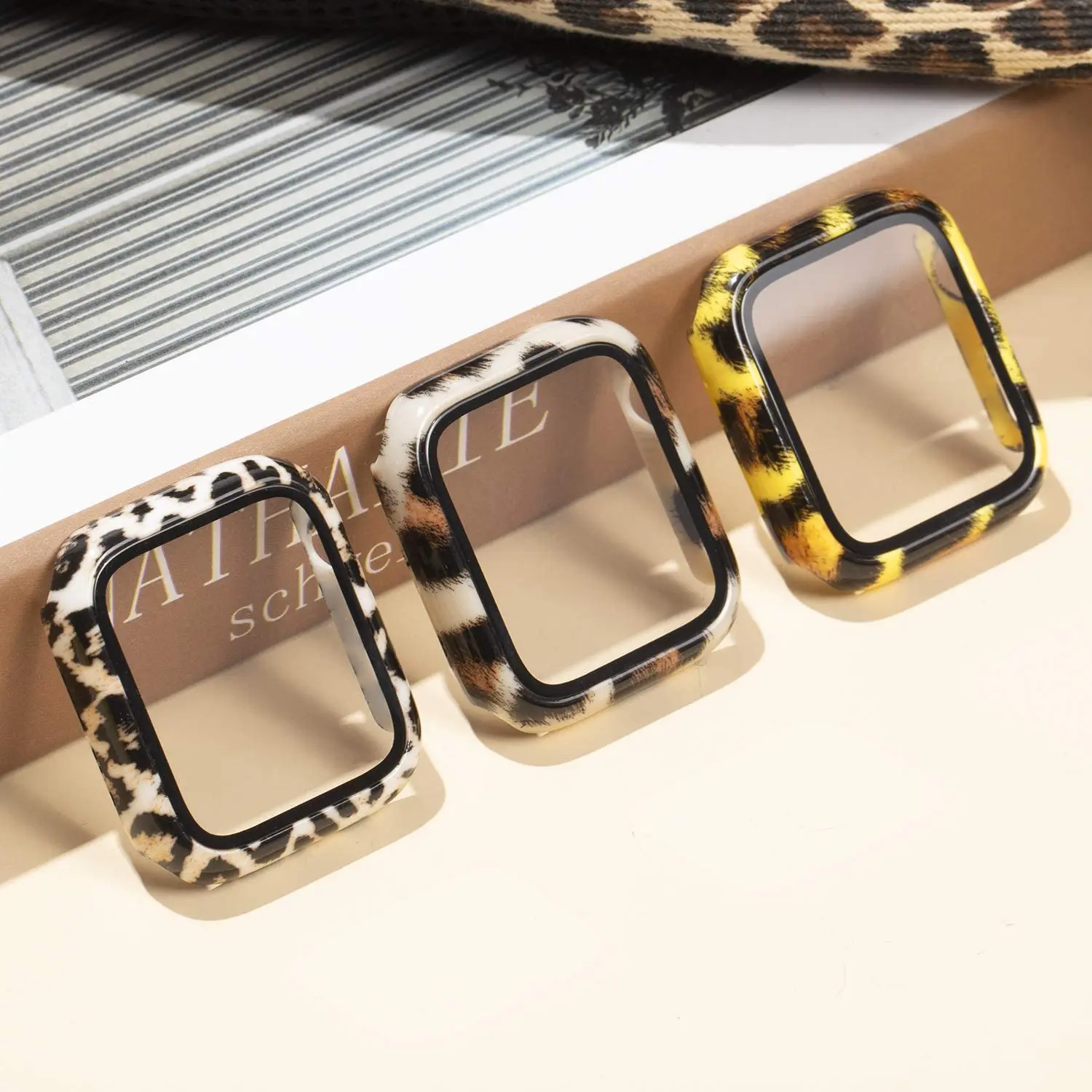 Case+Glass for Apple Watch 44mm 40mm 38mm 42mm,Hard PC Bumper Fashion Leopard Protective Cover for iWatch SE 6 5 4 3 2 1