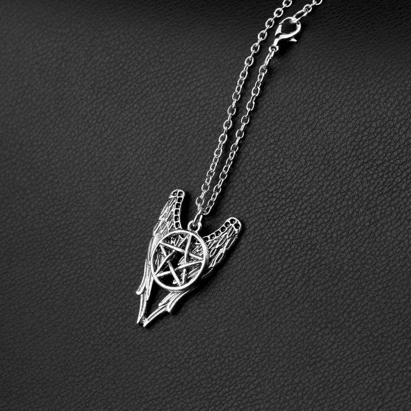 Retro Movie  Supernatural Necklace Pentagram Pentacle Castiel Angel Wings Vintage Antique Silver Color Pendant Amulet Jewelry Me