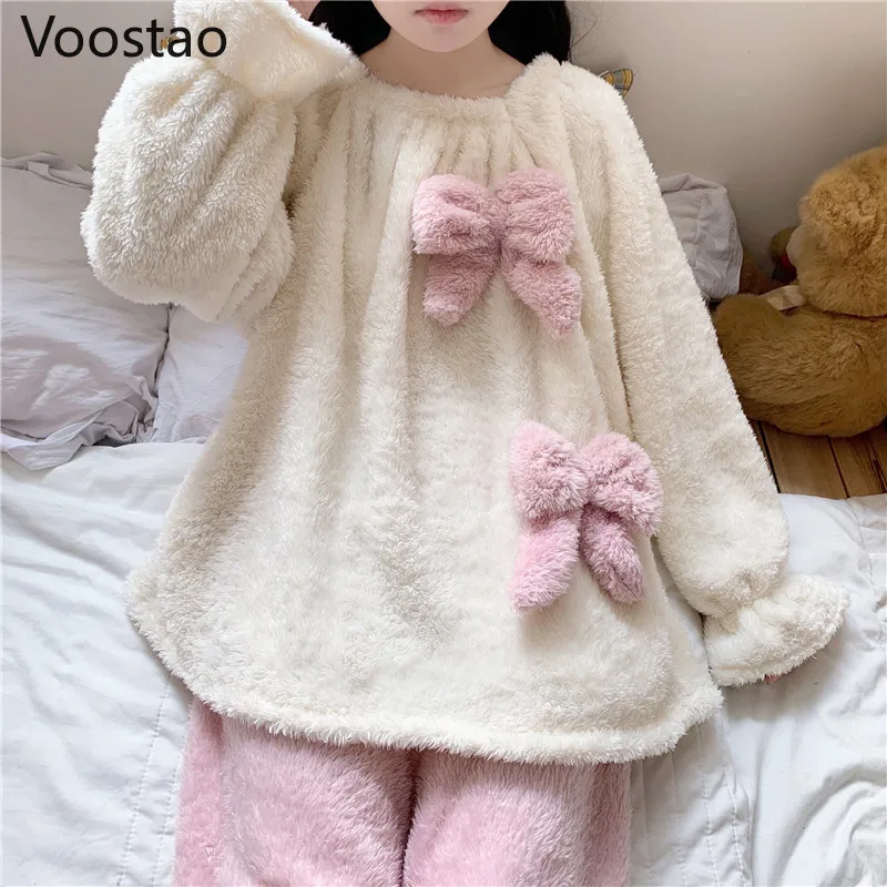 Autumn Winter Women Sweet Lolita Coral Fleece Pajamas Sets Cute Bow Warm Homewear Sleepwear Girls Kawaii Lounge Pyjamas 2PC Set