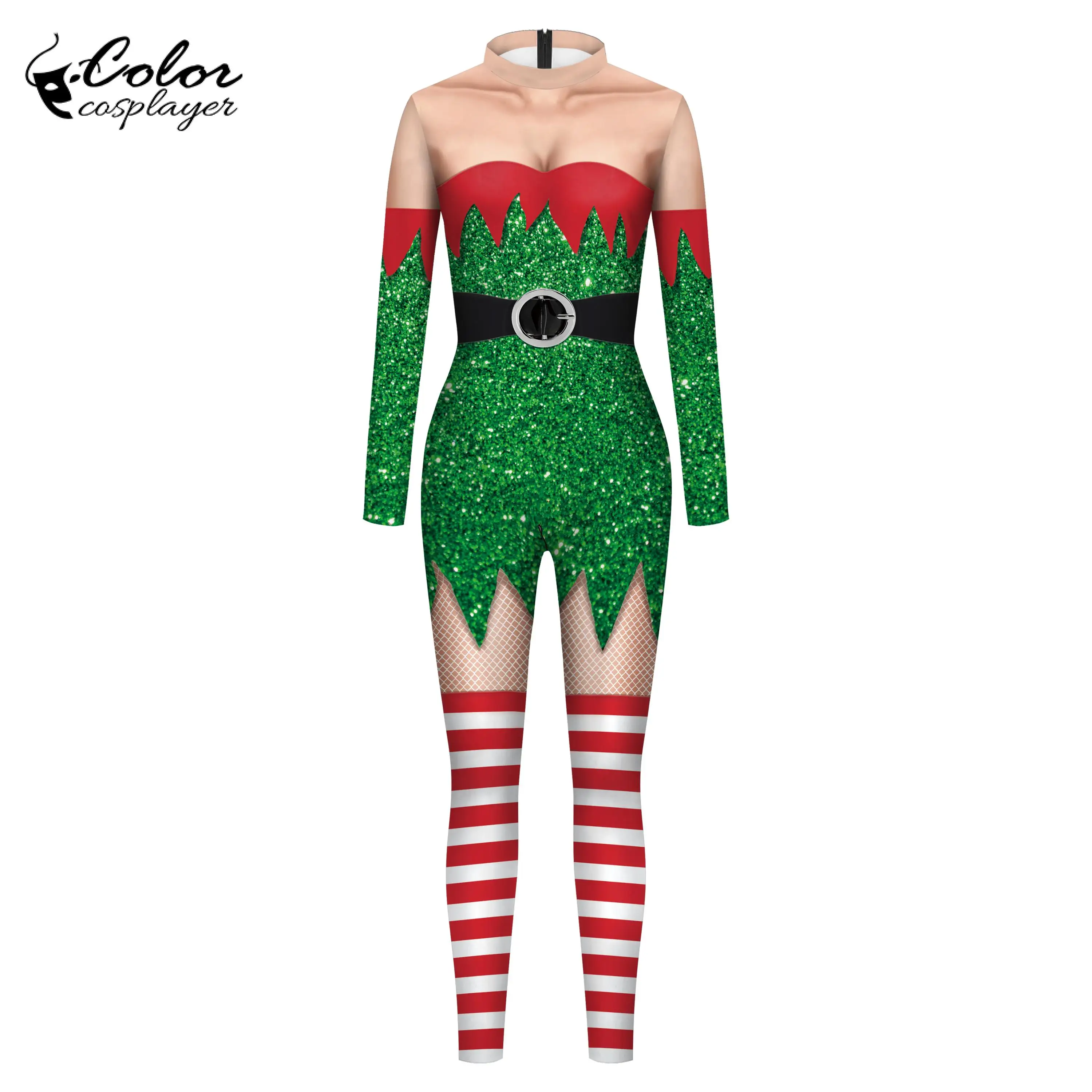 Mono de Navidad con estampado 3D a rayas para mujer, traje de Cosplay de Color, mono elástico Zentai, Catsuits de manga larga Sexy