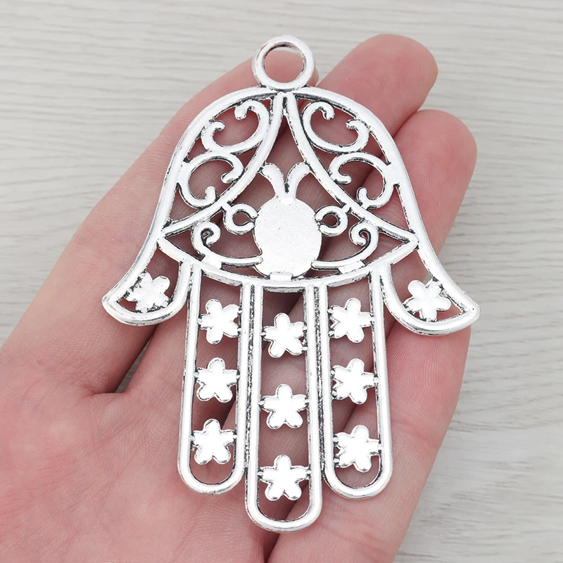 3 x Antique Silver Color Bohemia Large Hamsa Hand with Flower Detail Charms Pendants for Necklace Jewelry Making 85x62mm