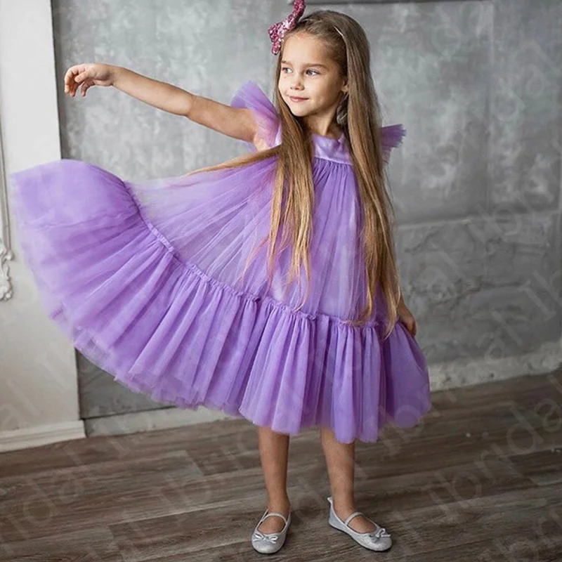 Hot Sale 2021 Lovely Purple Flower Girls Dresses Cap Sleeves Short Kids Party Gowns Mid Calf Length  Formal Wear On 