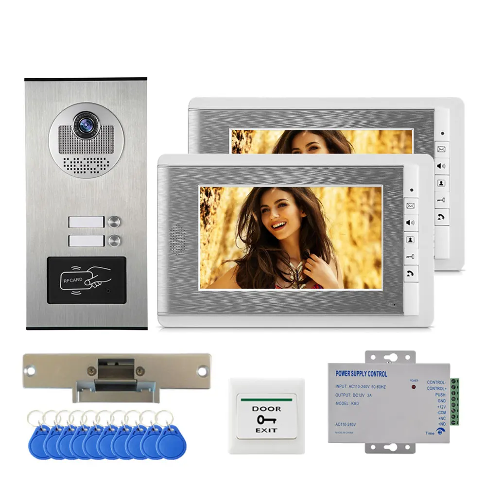 Multi Apartment Video Intercom System Video Door phone RFID access control with 7 Inch Lcd Monitor + Electric Strike Lock