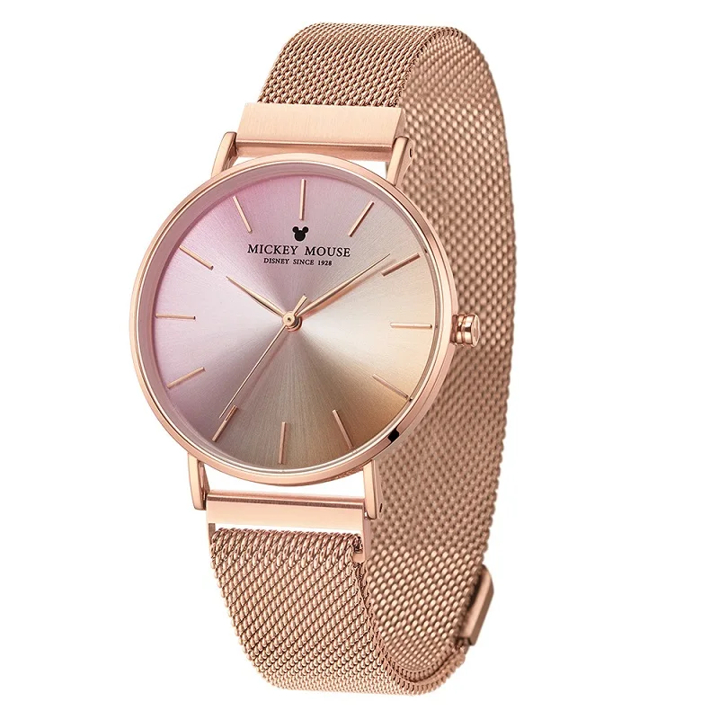Disney Original Mickey Mouse Ladies Gradient Color Magnetic Mesh Steel Band Waterproof  WristWatches Women Quartz Girls Luxury