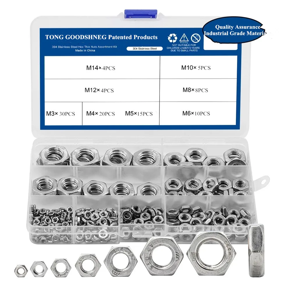 304 Stainless Steel Metric Hex Hexagon Thin Nuts Assortment Kit M3 M4 M5 M6 M8 M10 M12 DIN439 Hex Thin Nuts Set Home Hardware