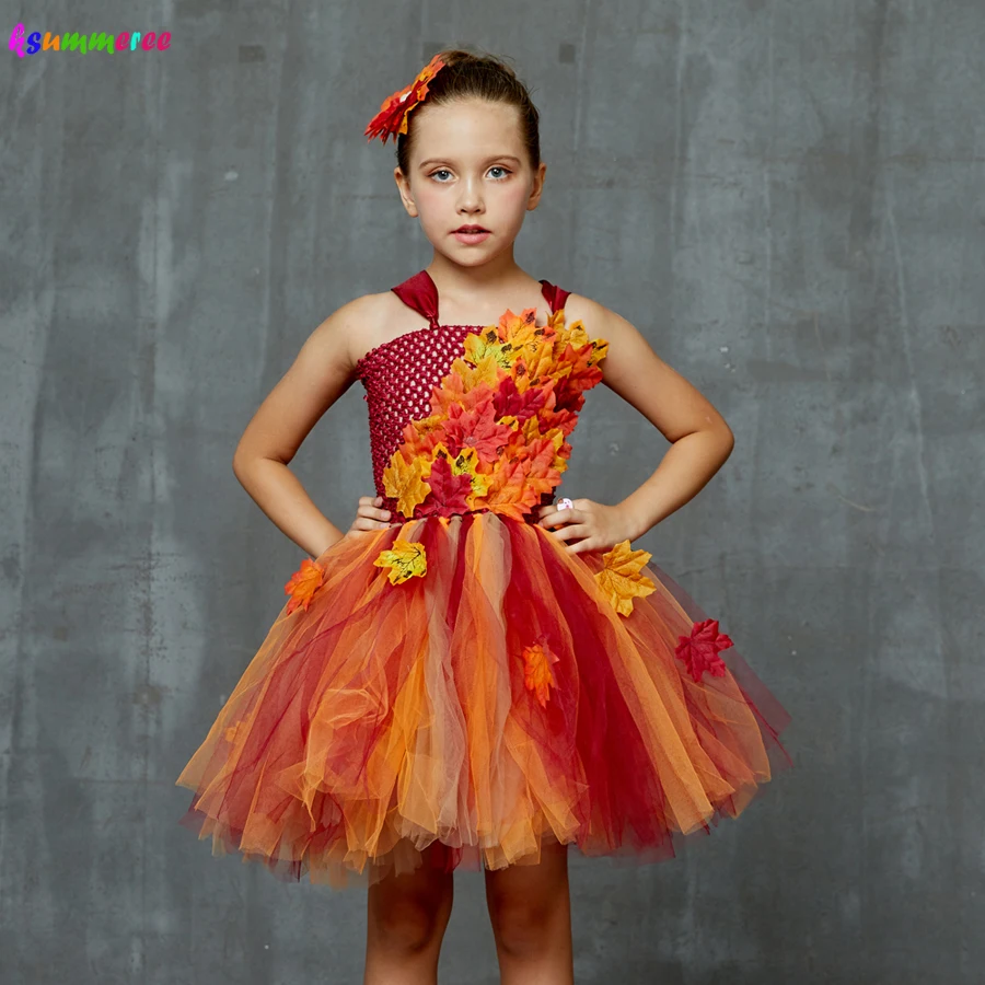 Autumn Fairy Girls Tutu Dress Maple Leaves Kids Tulle Dress with Headband Children Flower Dresses for Halloween Christmas