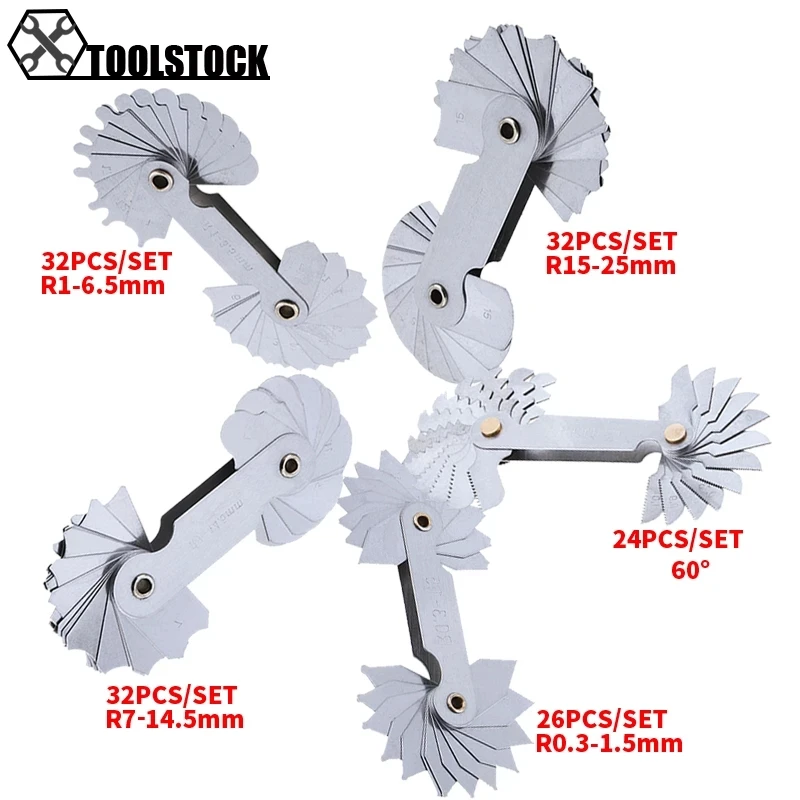 24/26/32pcs/Set Radius Gauge Stainless Steel Screw Thread Pitch Cutting Gauges Tools Set Sample R Gauge Industrial Measuremt