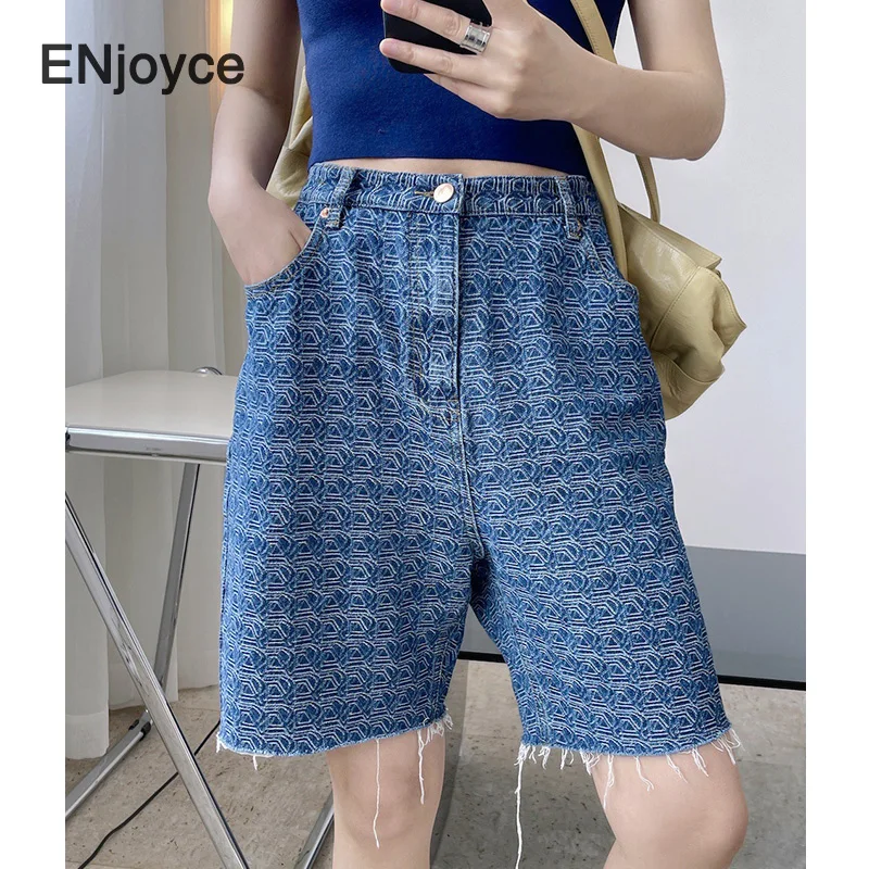 2024 Summer Women Vintage Printed High Waist Denim Shorts Y2K Streetwear Korean Fashion Mid-Length Pants Wide Leg Short Jeans