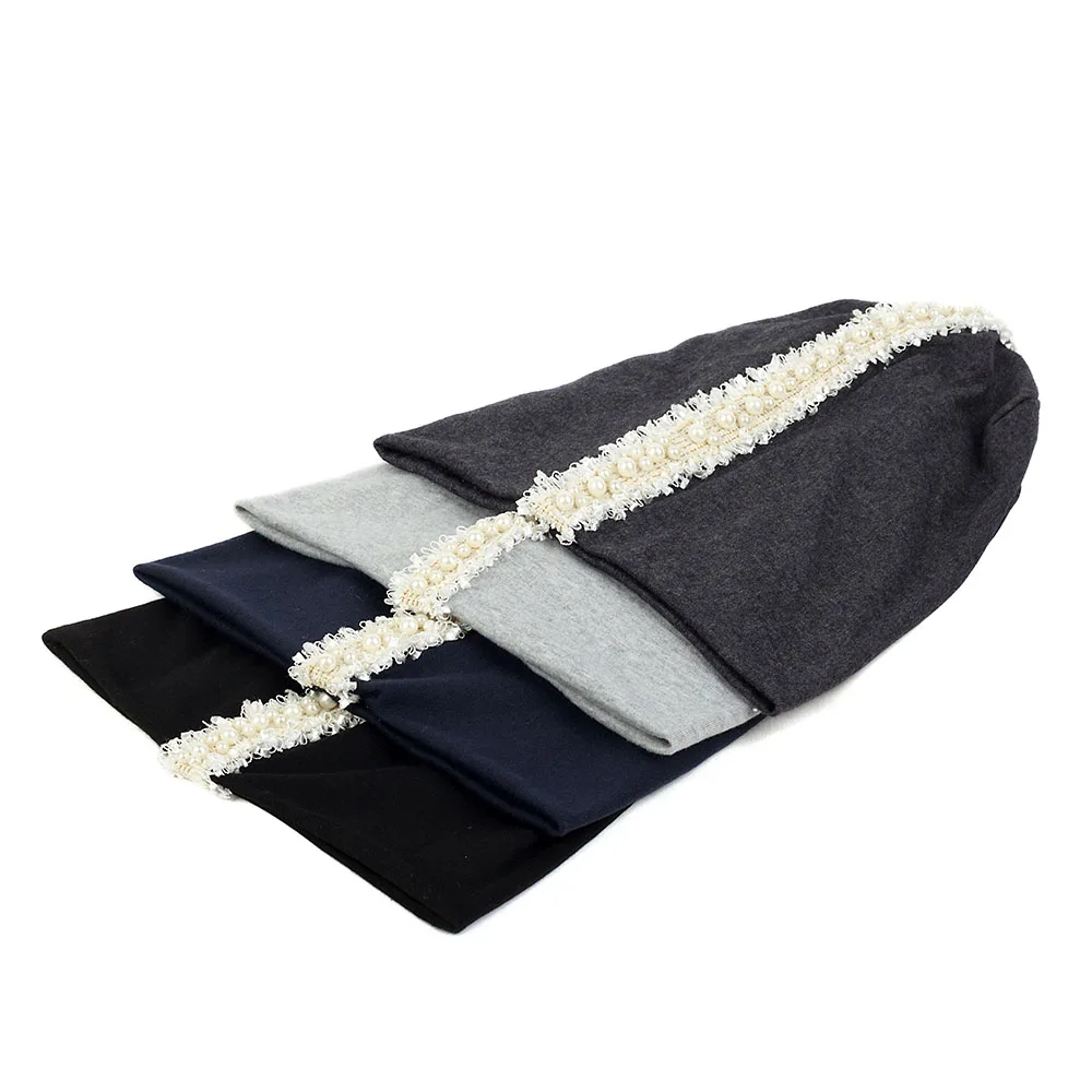 Geebro Women Pearl Lace Ribbon Hats And Caps Soft Autumn Winter Warm Cotton Casual Skullies Beanies Ladies Oversize Hat