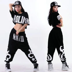 Hip Hop Costume Black Short Sleeve Loose Harem Pants Women Street Dance Clothing Ladies Stage Outfit Dj Ds Rave Wear DT1071