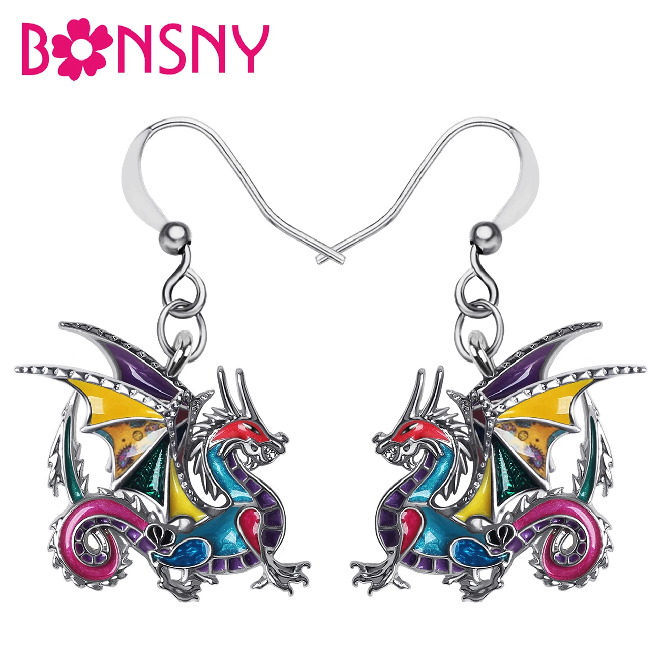 

BONSNY Enamel Alloy Floral Curly Tail Roaring Dinosaur Dragon Earrings Drop Dangle Fashion Jewelry For Women Girls Teens Party