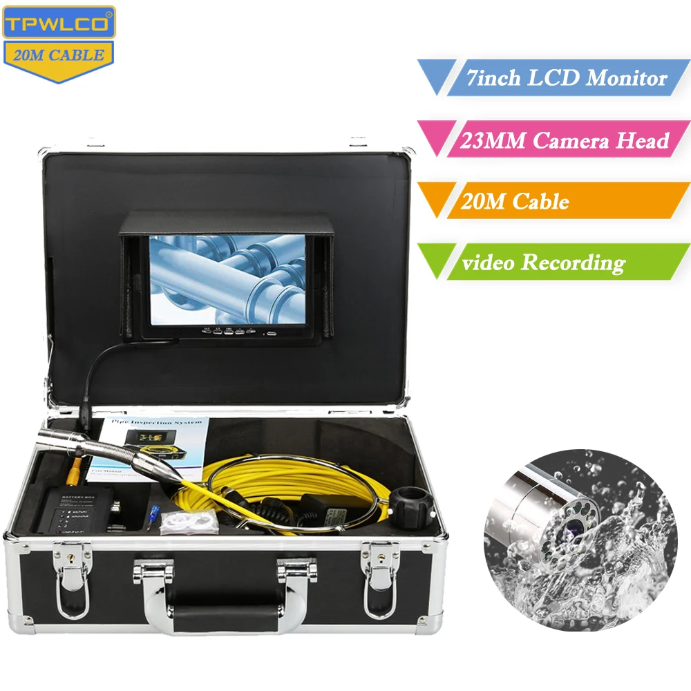 23mm Pipe Endoscope Surveillance Video Camera DVR Recorder 20m Cable 7inch Monitor Drain CCTV Sewer Industrial Inspection System