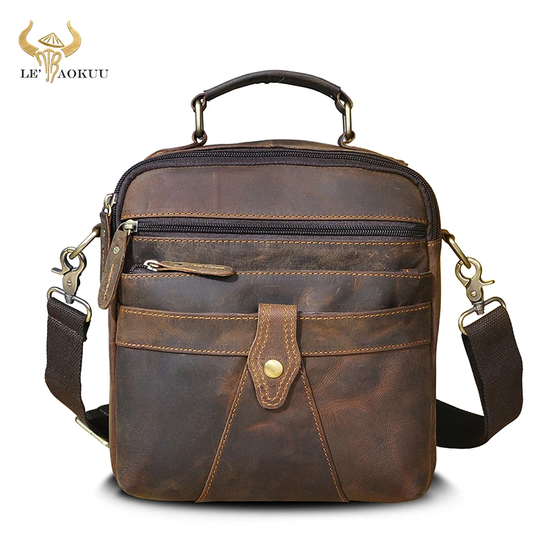 Crazy Horse Leather Male Vintage Tote College Messenger bag Design 9.8" Tablet Satchel Cross-body One Shoulder bag For Men 041