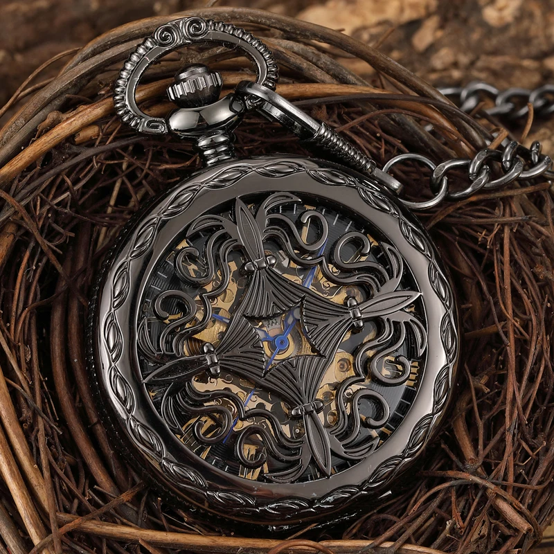 

Black Mechanical Pocket Watch Luxury Hollow Flower Engraved Hand Winding Men Pendant Steampunk Fob Chain Watches Skeleton Clock