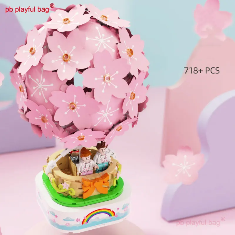 PB Playful Bag Japanese Street View Sakura hot air balloon Rotary music box Creative building blocks children's toys gift UG161