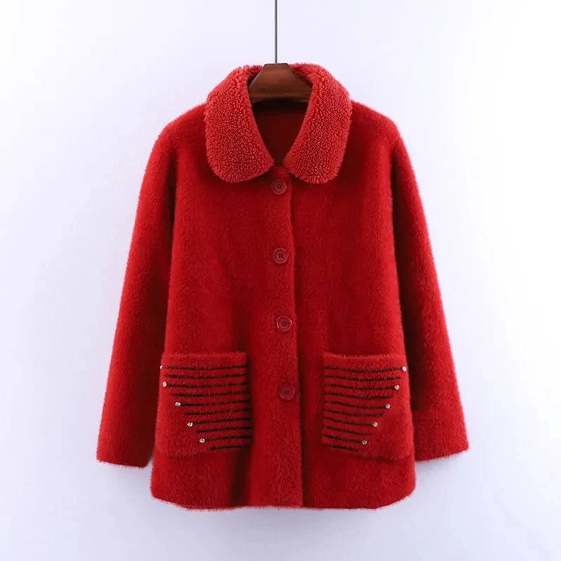 Imitation Mink Velvet Thick Coat Women\'s Autumn Winter Jacket Heavy Industry Diamond Mother\'s Vintage 6XL Woolen Coat 1130