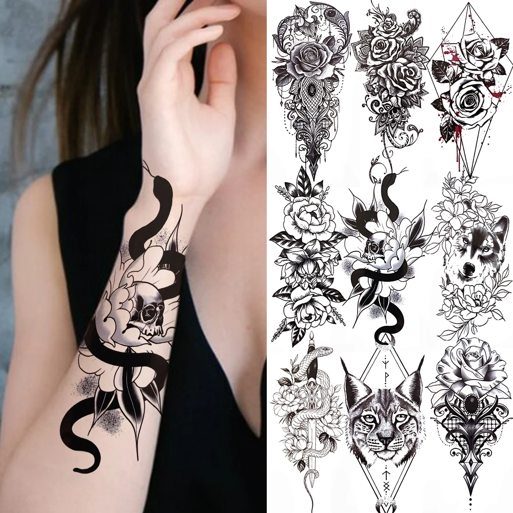 Black Snake Flower Temporaray Tattoo Fake Jewelry Cat Wolf Geometry Tattoo Sticker For Women Girl Adult Rose Peony Dahlia Tatoos