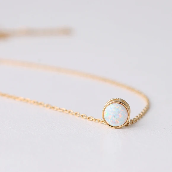 925 Sterling silver single stone bezel opal single stone simple cute women gift elegance OL lady opal GOLD COLOR dainty necklace