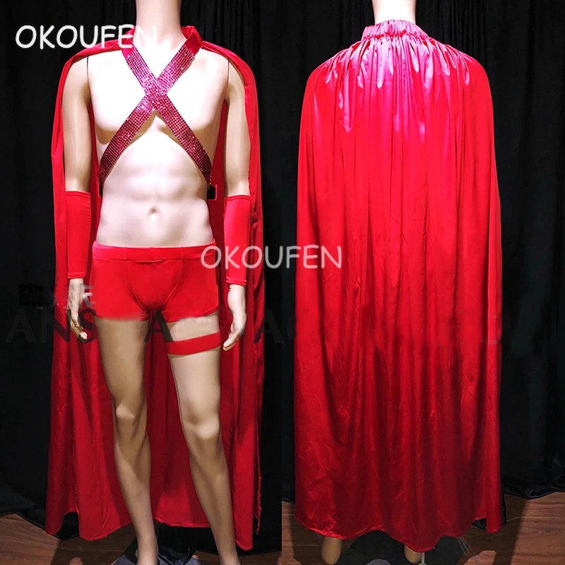 

Nightclub Bar Male Singer DJ DS Red Hot Drill Roman Wind Cloak Cape Christmas Costume stage show party dance wear