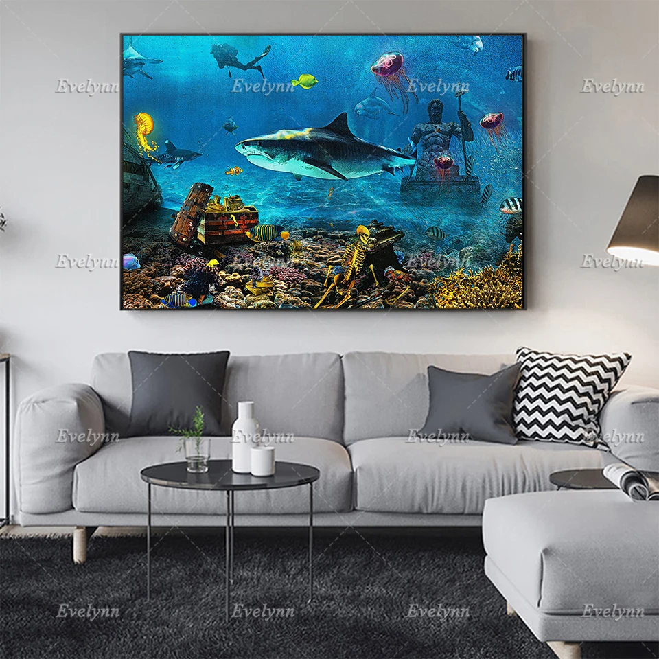 Sunken Pirate Treasure Wall Art-Shark Print On Canvas Art Poster-Poseidon Statue Treasure Painting - Pop Surrealism Prints Decor