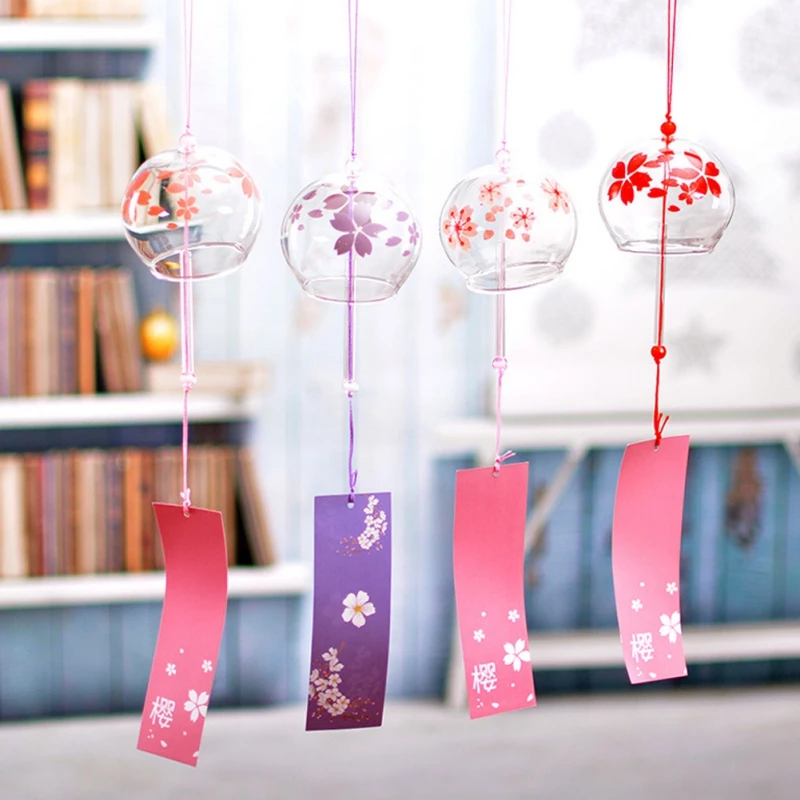 Japanese sakura Style Glass Wind Chime Cherry Blossom Wind Hanging Bells Doorbell Cute Girl Room Pendant Home Decoration #