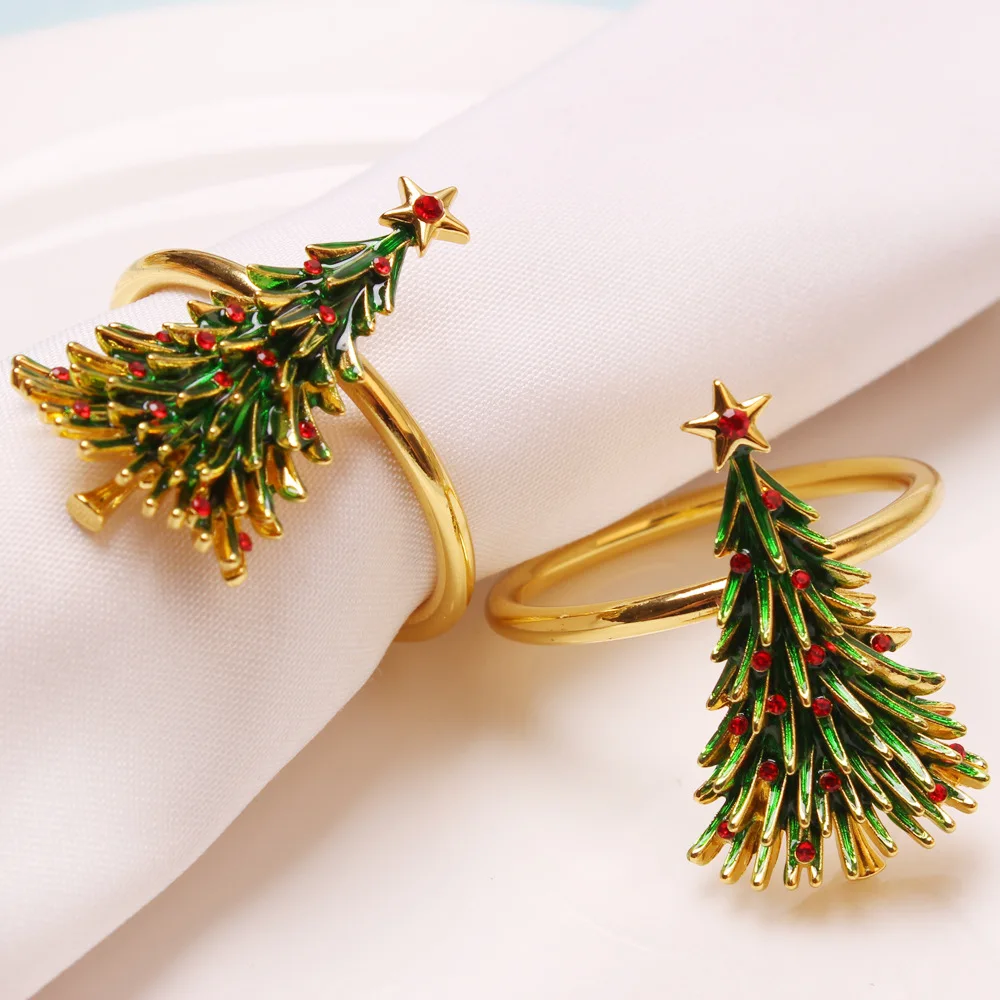 

10PCS Metal electroplating oil green Cypress napkin link, day atmosphere decoration Christmas tree napkin buckle