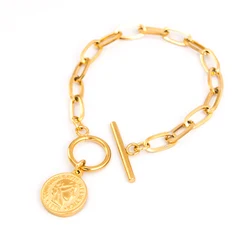 Pulsera de monedas de acero inoxidable para mujer, de Color plateado barra en T/dorado, cadena ovalada de línea plana, joyería femenina, envío directo