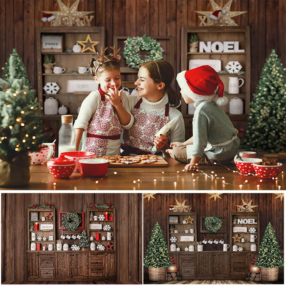 Christmas Kitchen Photo Background Family Xmas Tree Cake Wood wall Backdrop For Photography Kid Baby Portrait Decor Studio Props