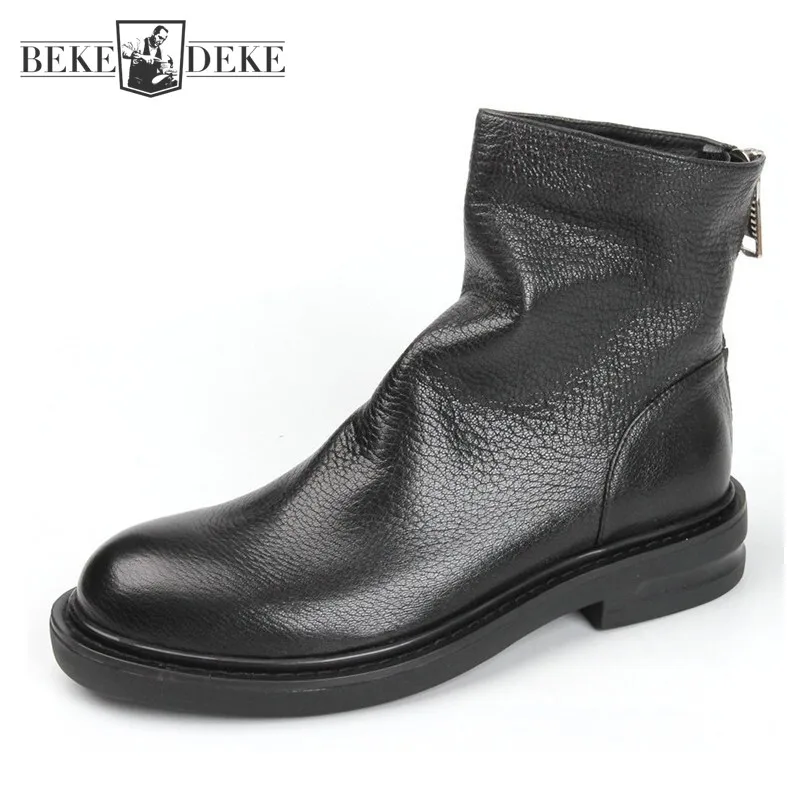 Business Men Work Soft Sheepskin Genuine Leather Ankle Boots Zipper Round Toe Winter Biker Fleece Lining High Top Safety Shoes