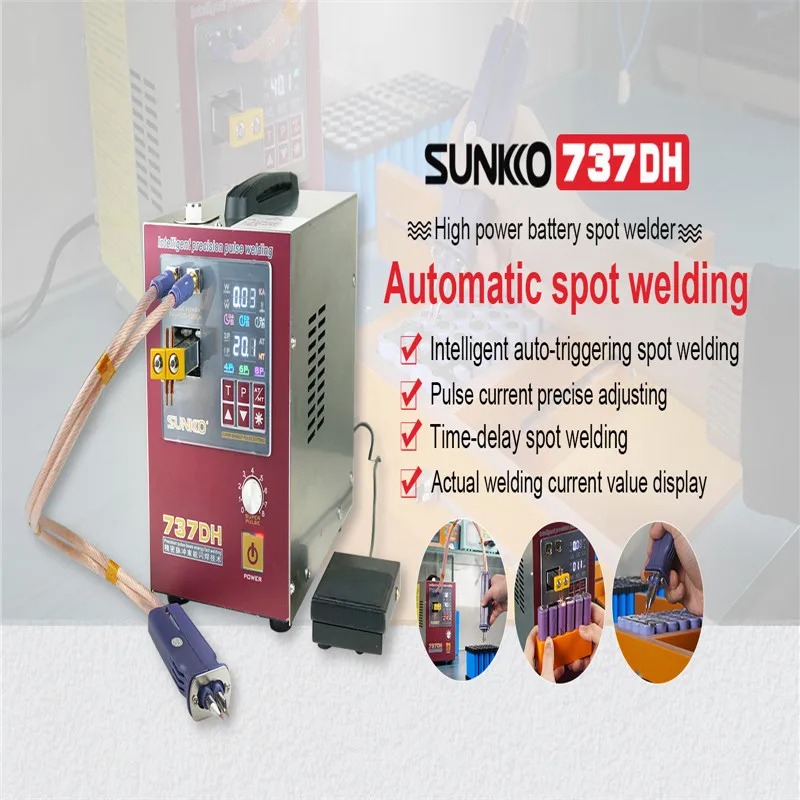 Soldador por puntos SUNKKO 737DH para soldadura de batería 18650, máquina de soldadura por puntos de batería de pulso automática con retardo de inducción de alta potencia de 4,3 kW