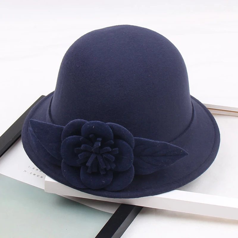 Women Elegant Woolen Fedora Three-dimensional Flowers Ladies Fall Hats Female Bucket Hat Short Brim Autumn Cap