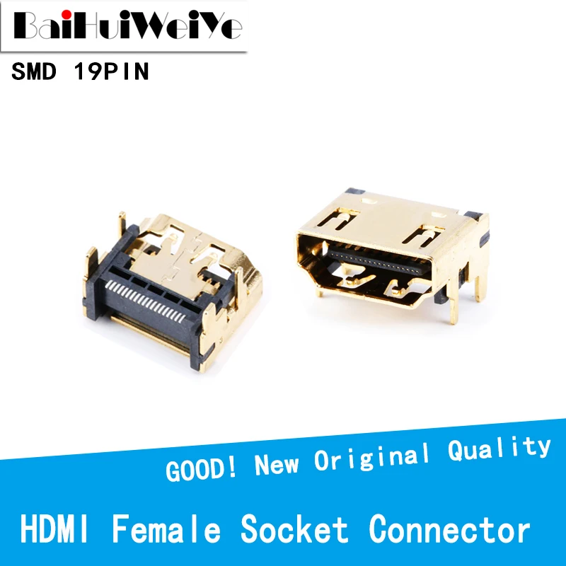 10Pcs/LOT HDMI Compatible Female Jack Socket Connector 19PIN 19P Right Angle SMT SMD 90 Degree Gold-Plated HD 19 PIN