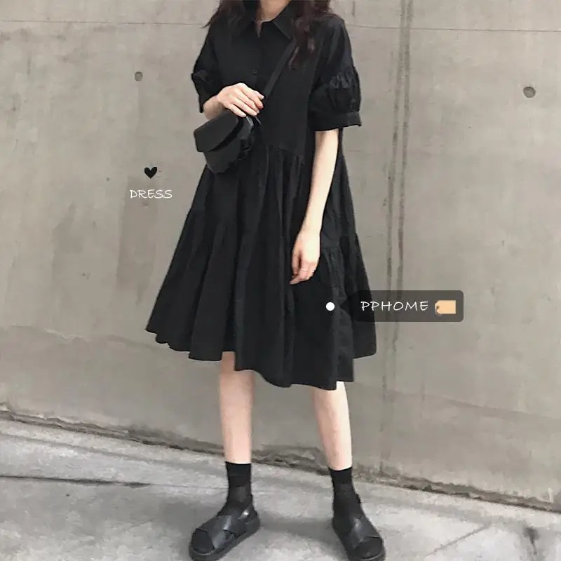 Falda holgada De primavera y verano para Mujer, Vestido negro De longitud media, Túnica femenina