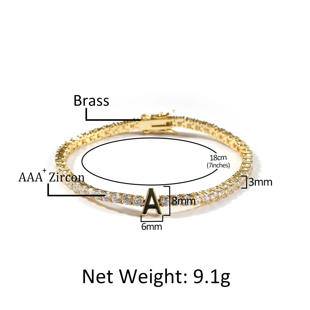 THE BLING KING Custom Name Bracelet For Women CZ 3mm Tennis Chain Iced Out Cubic Zircon 18K Gold Plated DIY Letters Jewelry Gift