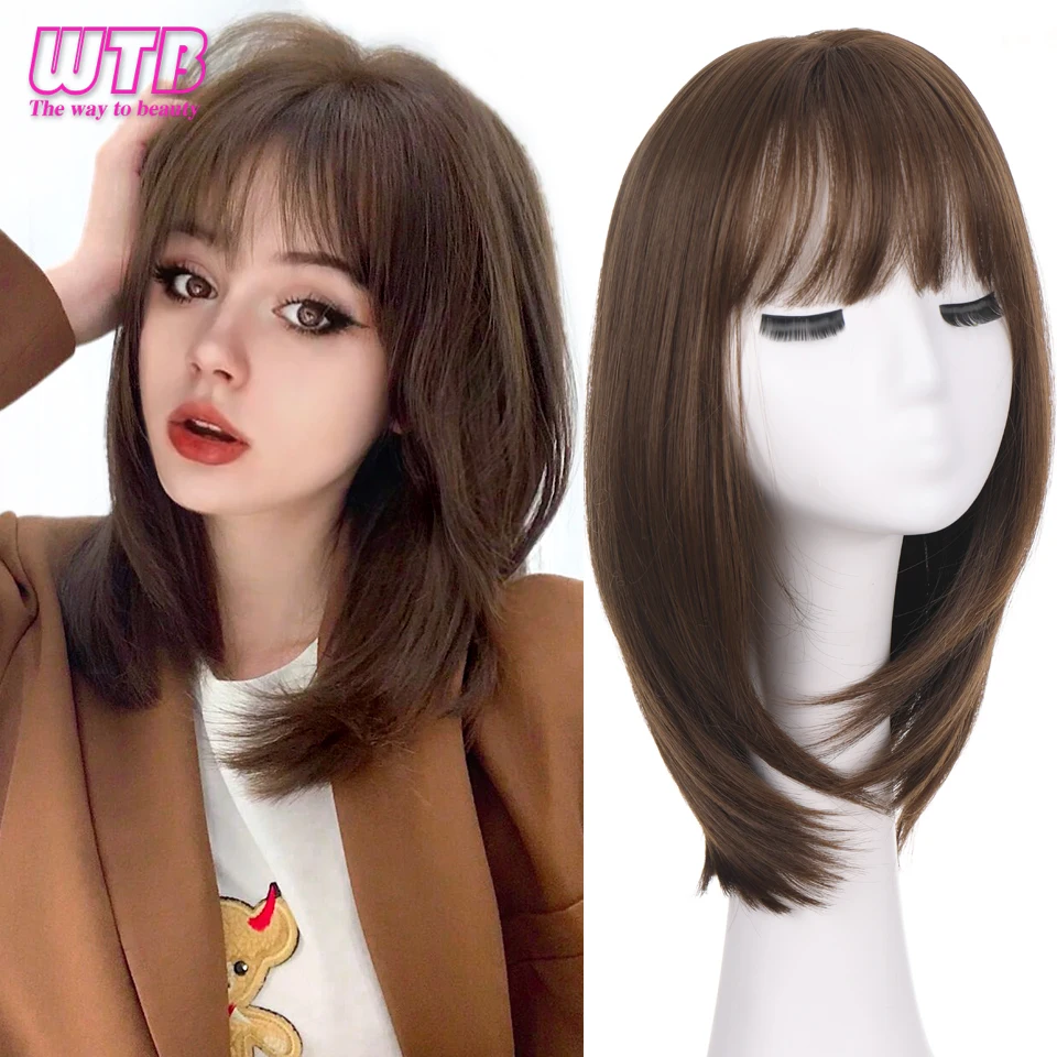 WTB Synthetic Short Straight Black Wigs for Women Medium Shoulder Length Wig with Bangs Daily use Anime Clavicle Fake Hair