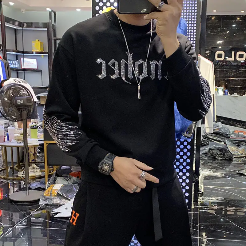 Rhinestone Wings Sweater Men's Spring Crewneck Sweatshirt Male Black Top Fashionable Korean Style Long Sleeved T-shirt Men White