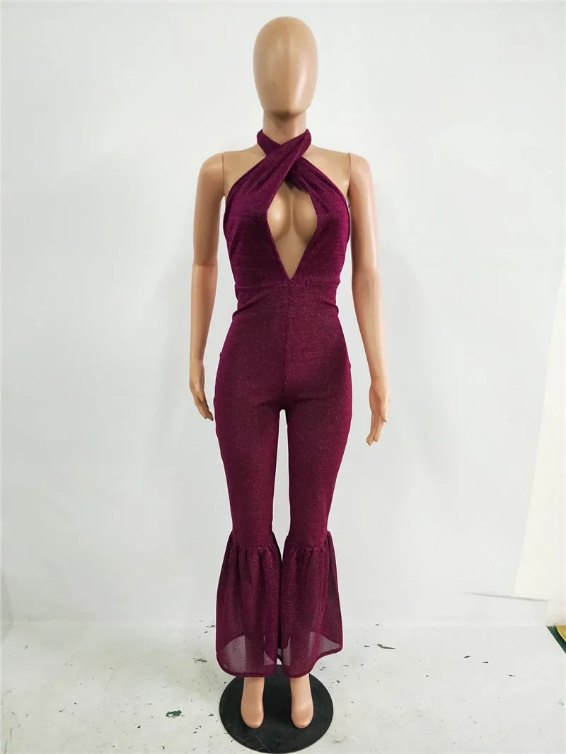 2017 Fashion Sexy Vrouwen Glitter Jumpsuit Mouwloze Halter Skinny Nachtclub Dames Backless Party Flared Sparkly Romper Catsuit