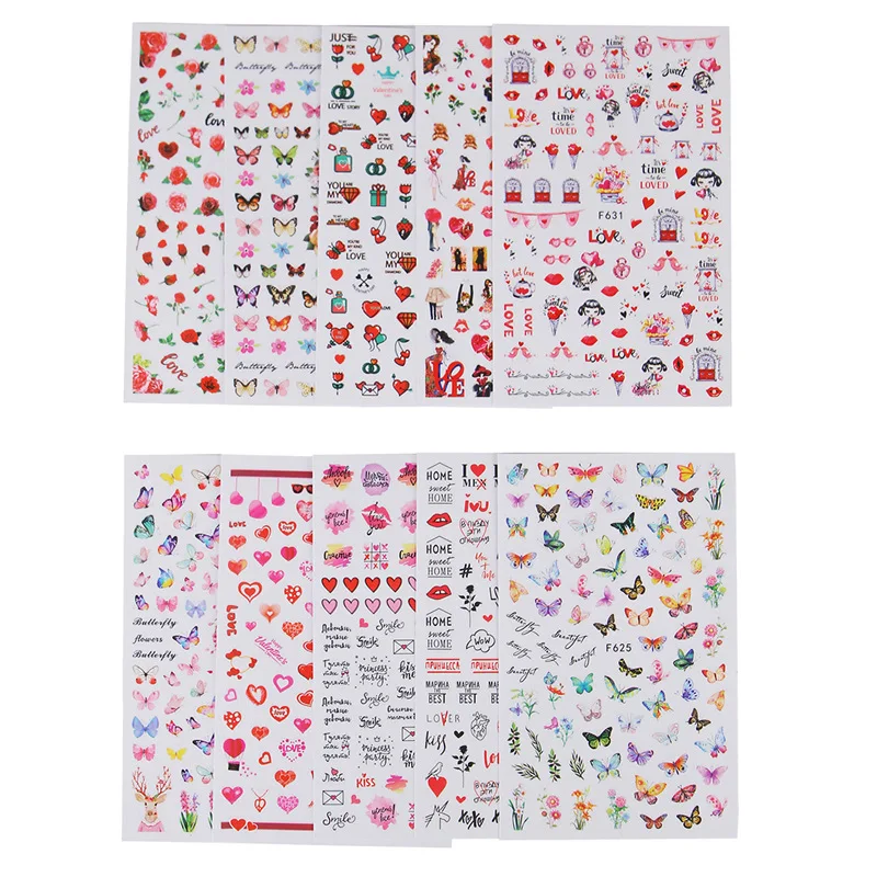 10pcs Random Patterns 3D Nail Art Stickers Butterfly Heart Lips Rose Flowers Sexy Woman DIY Self-adhesive Nail Decals Decoration