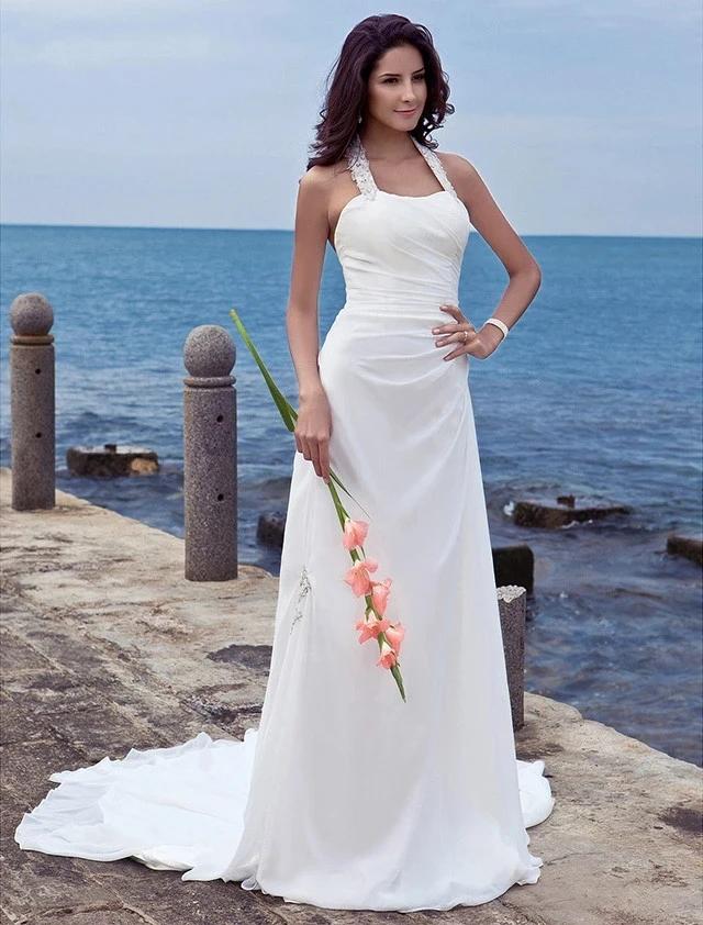 Summer Beach Wedding Dres 2024 Halter Neck Appliques Chiffon Formal Casual Bride Gown Customed Robe De Mairee